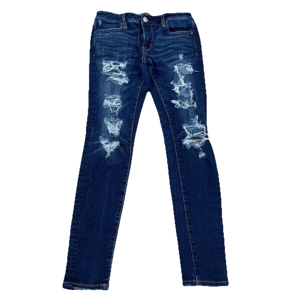American Eagle Jeans Women 4 Jegging Mid Rise Dark Stretch Pants Holes Ripped N3